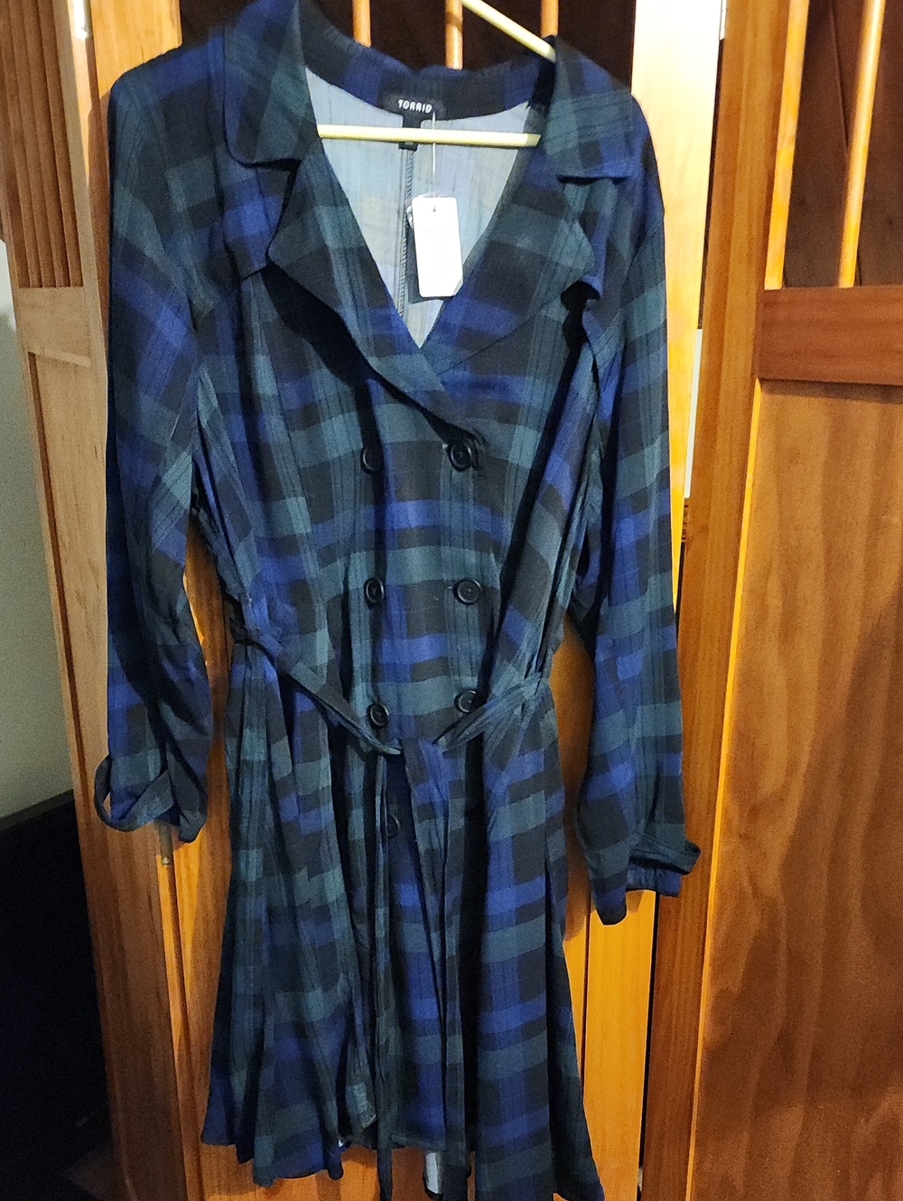 TORRID Blue and Green Plaid Long-Sleeve  Light Weight Trench Coat